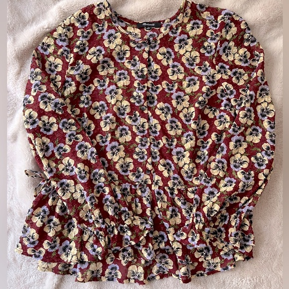Madewell Viola Peplum Ruffle Blouse Top Pansy Floral Maroon Size S - Picture 1 of 12